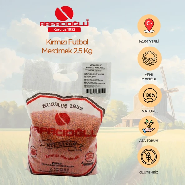 Arpacıoğlu %100 Yerli Türk Malı Kırmızı Futbol Mercimek 2.5kg (Naturel) ürün görseli 1
