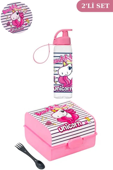 Flosoft Unicorn Matara ve Beslenme Kutusu, Desenli 3 Bölmeli Okul Beslenme Kabı ve Suluğu 2’li Set ürün görseli 1