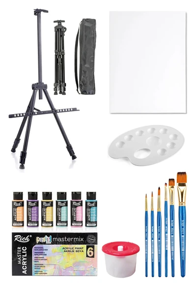 Rich Mastermix Akrilik Boya Seti 6x60 Pastel Renk 3 Ayaklı Şövale 35x50 Tuval Seti Metal Şövale Seti ürün görseli 1