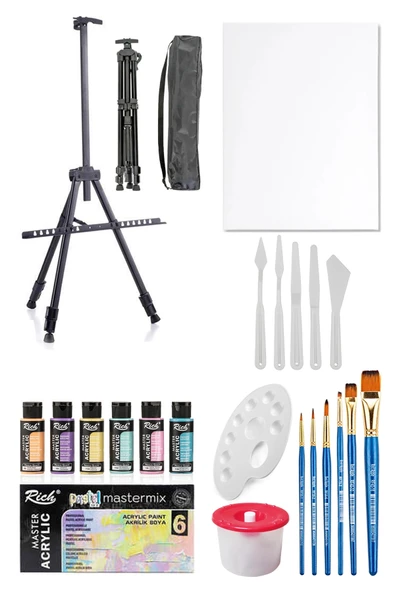 Rich Mastermix Akrilik Boya Seti 6 Pastel Renk 3 Ayaklı Metal Şövale 35x50 Tuval Plastik Spatül Seti ürün görseli 1
