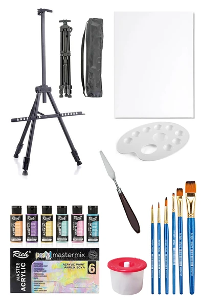 Rich Mastermix Akrilik Boya Seti 6 Pastel Renk 3 Ayaklı Şövale 35x50 Tuval Metal Şövale Metal Spatül ürün görseli 1