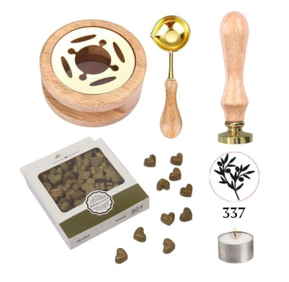 Davetiye Mum Mühürü Uygulama Seti Ahşap Rengi 337 Zeytin Dalı ürün görseli 1