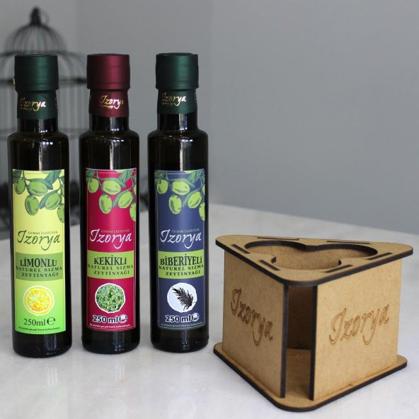 İzorya 3lü Stantlı Çeşnili Zeytinyağı Seti Kekikli, Limonlu ve Biberiyeli Zeytinyağı Seti 3×250 ml Lazer Kesim Stantlı ürün görseli 1
