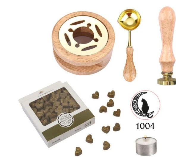 Davetiye Mum Mühürü Uygulama Seti Ahşap Rengi 1004 Ay Kedi ürün görseli 1