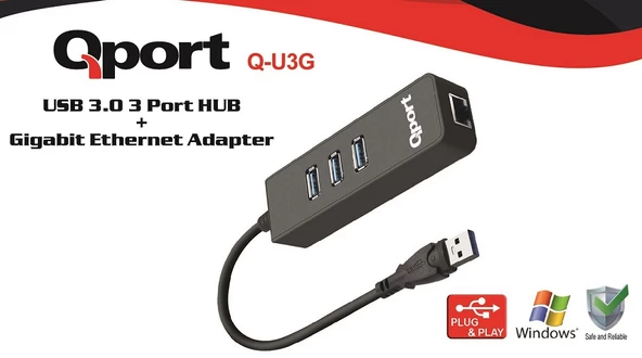 QPORT Q-U3G USB 3.0 ÇOKLAYICI/GIGABIT ADAPTÖR ürün görseli 1