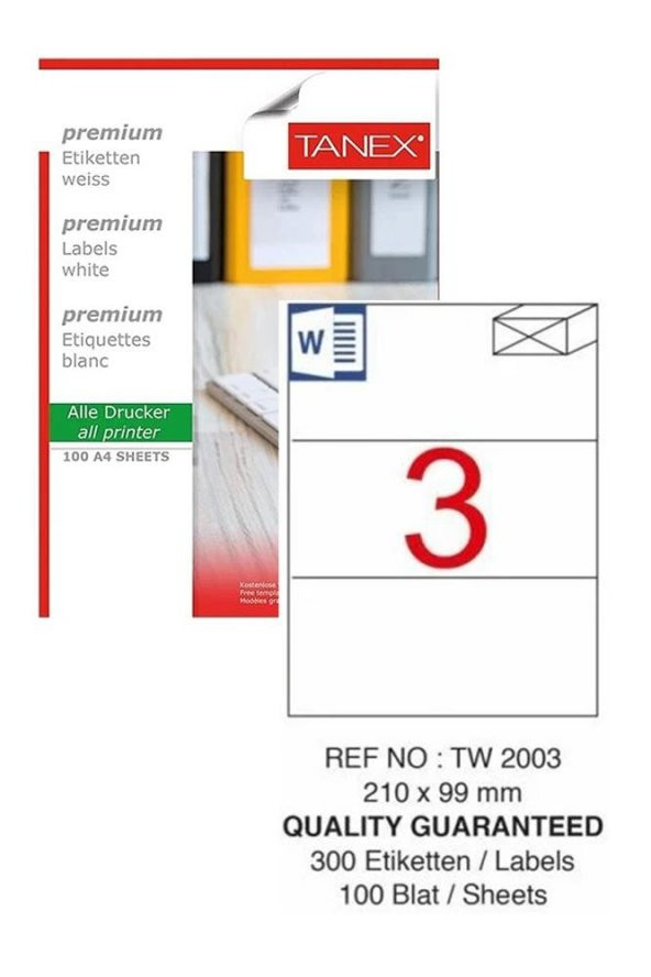 Bilgisayar Etiketi Tw-2003 210x99 mm 100 Lü Lazer Etiket 1 Paket Tanex Davetiye Kargo Koli Kutu Etiketi ürün görseli 1