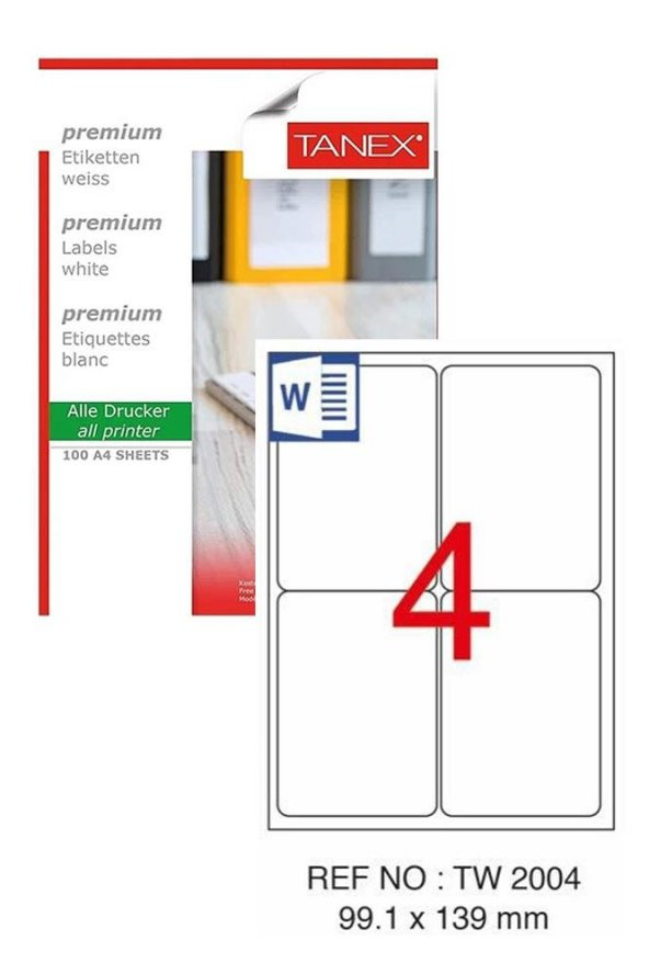 Bilgisayar Etiketi Tw-2004 99,1x139 mm 100 Lü Lazer Etiket 1 Paket Tanex Davetiye Kargo Koli Kutu Etiketi ürün görseli 1