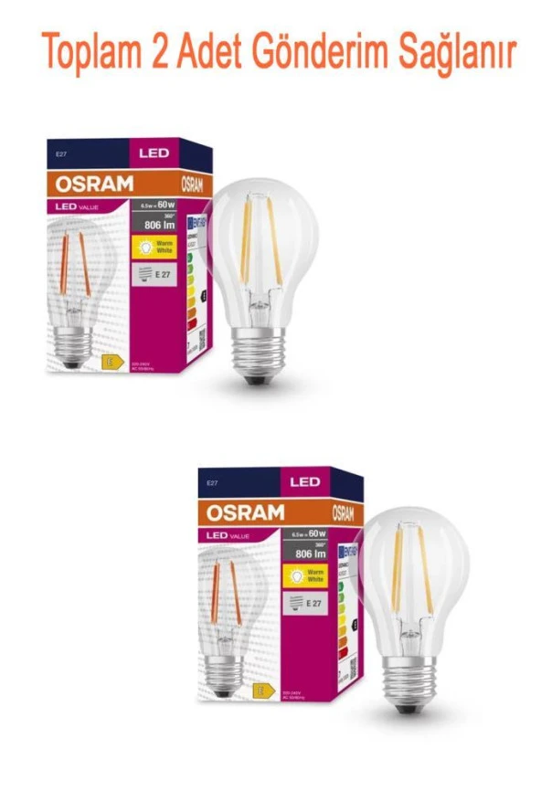 Osram Ledvalue 7W (60W) Rustik Led Ampul Sarı 2700K - 2 Adet ürün görseli 1
