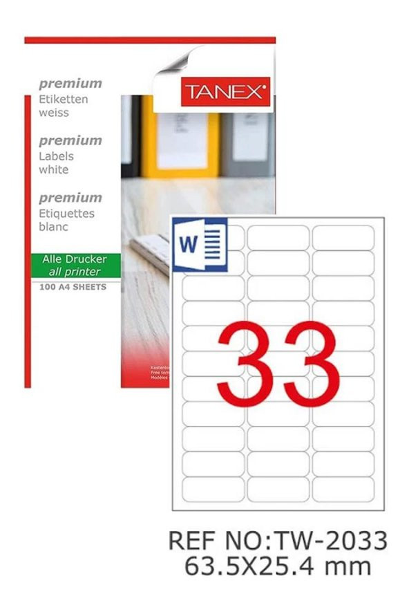 Bilgisayar Etiketi Tw-2033 63,5x25,4 mm 100 Lü Lazer Etiket 1 Paket Tanex Davetiye Kargo Koli Kutu Etiketi ürün görseli 1
