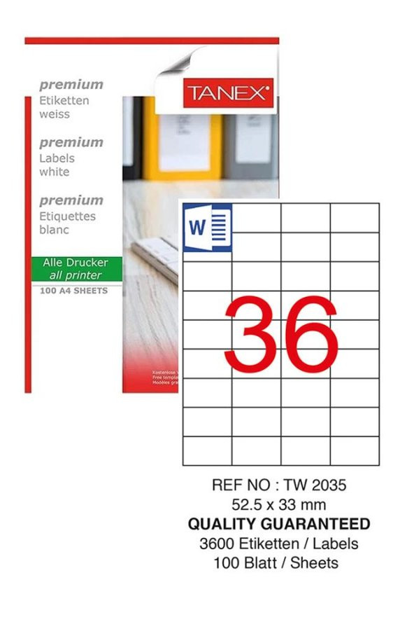 Bilgisayar Etiketi Tw-2035 52,5x33 mm 100 Lü Lazer Etiket 1 Paket Tanex Davetiye Kargo Koli Kutu Etiketi ürün görseli 1