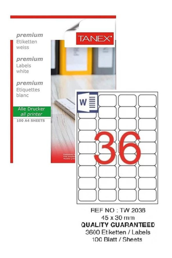 Bilgisayar Etiketi Tw-2036 45x30 mm 100 Lü Lazer Etiket 1 Paket Tanex Davetiye Kargo Koli Kutu Etiketi ürün görseli 1