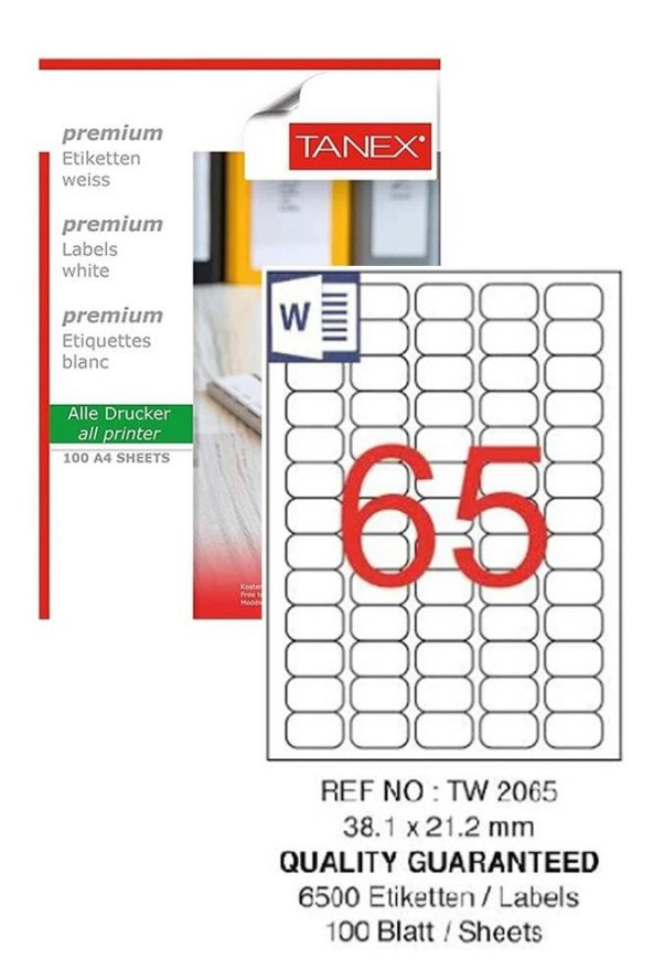Bilgisayar Etiketi Tw-2065 38,1x21,2 mm 100 Lü Lazer Etiket 1 Paket Tanex Davetiye Kargo Koli Kutu Etiketi ürün görseli 1