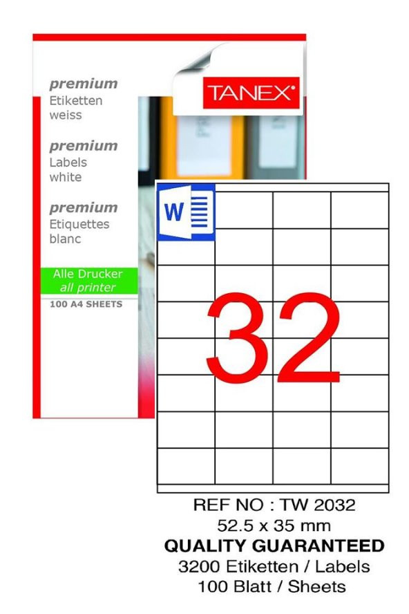 Bilgisayar Etiketi Tw-2032 52,5x35 mm 100 Lü Lazer Etiket 1 Paket Tanex Davetiye Kargo Koli Kutu Etiketi ürün görseli 1