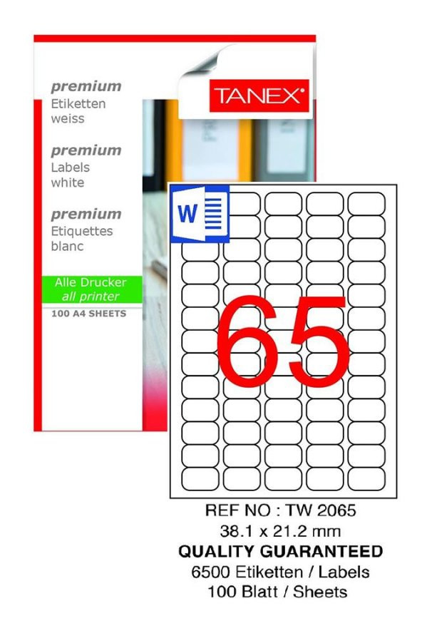 Bilgisayar Etiketi Tw-2065 38,1x21,2 mm 100 Lü Lazer Etiket 1 Paket Tanex Davetiye Kargo Koli Kutu Etiketi ürün görseli 1
