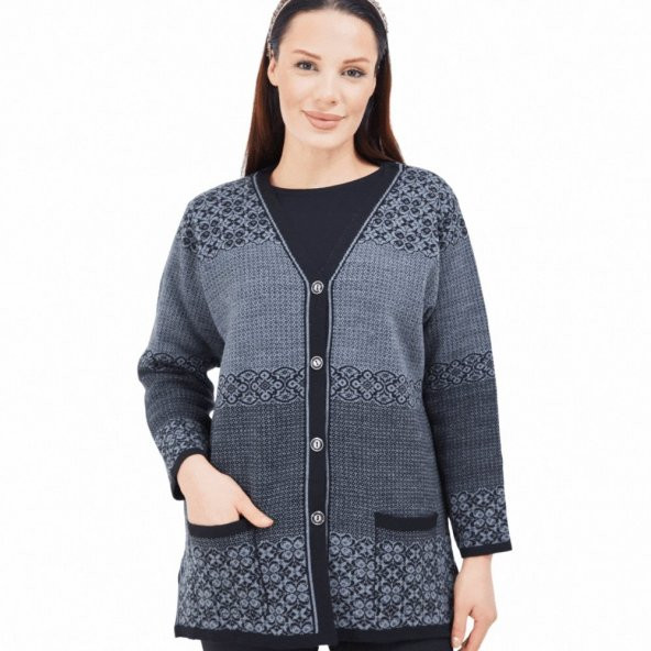 Fresh&Moda Kadın Siyah Gri Desenli Düğmeli Triko Cepli Kışlık Anne Hırkası ürün görseli 1