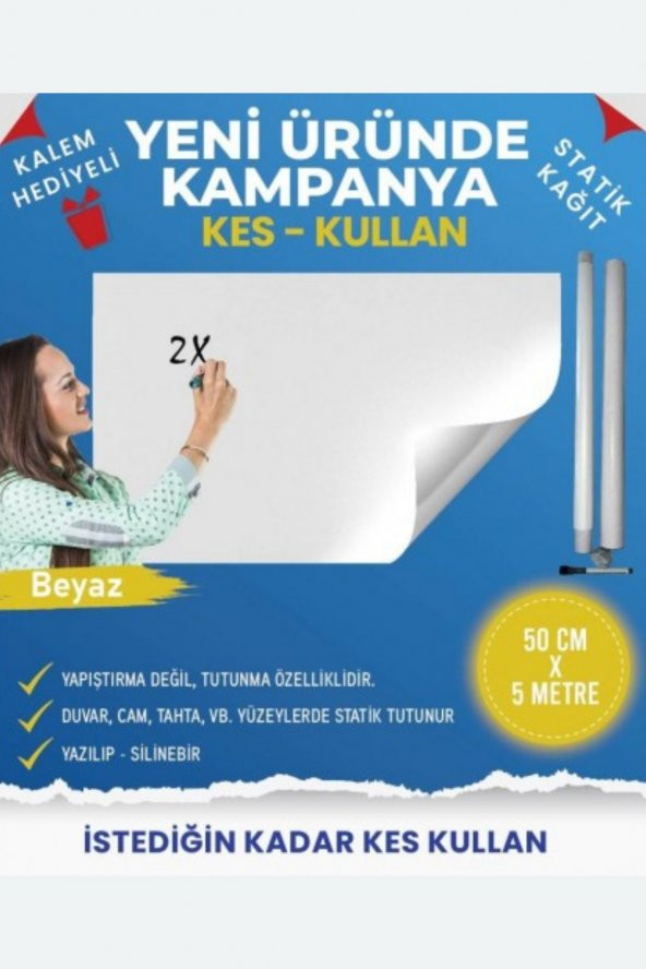 Kes Kullan Akıllı Kağıt - 5 Metre Beyaz, Statik Tutunma Ve Kağıt Tutucu Özellikli, Yazı Tahtası ürün görseli 1