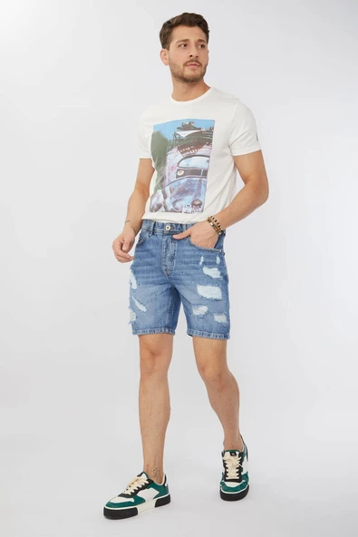 Erkek Boyalı Yırtık Jean Şort Mavi - Resim 4