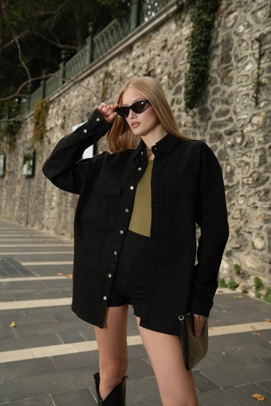 Kadın Oversize Jean Gömlek Siyah ürün görseli 1