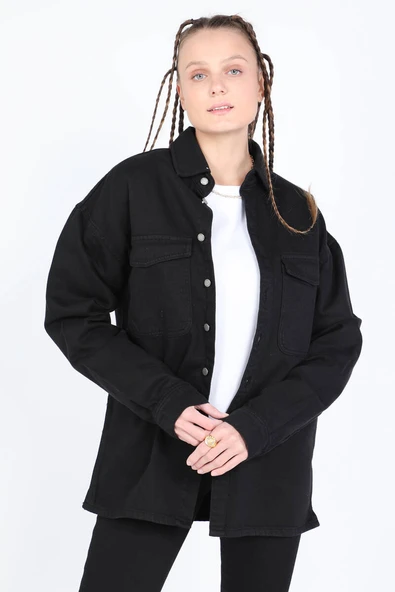Kadın Oversize Jean Gömlek Siyah - Resim 4