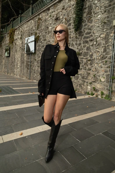 Kadın Oversize Jean Gömlek Siyah - Resim 3