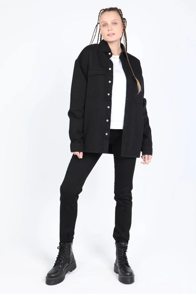 Kadın Oversize Jean Gömlek Siyah - Resim 7