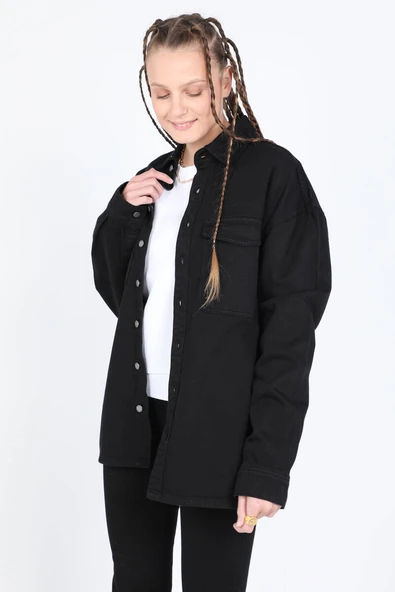 Kadın Oversize Jean Gömlek Siyah - Resim 6