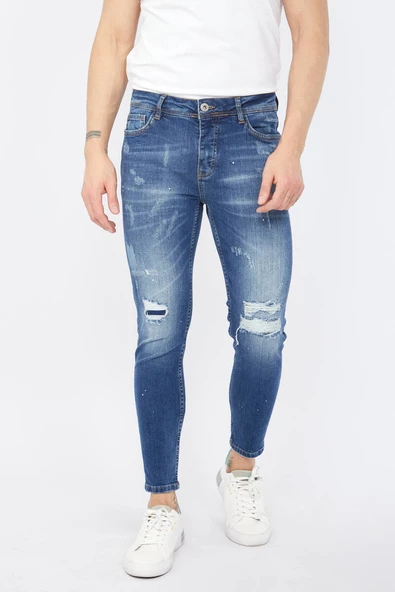 Erkek Skinny Fit Yırtık Detaylı Jean Koyu Mavi ürün görseli 1