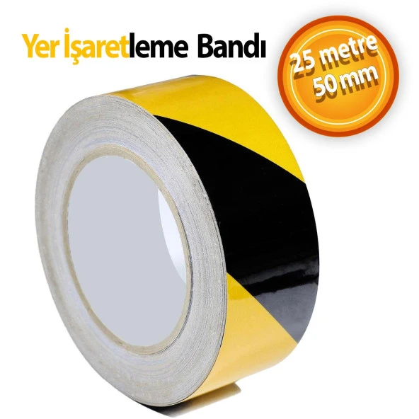 Yer İşaretleme Bandı Sarı-Siyah Pvc Emniyet Zemin İkaz Bant 50 mm x 25 MT ürün görseli 1