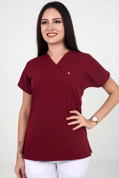 Deniz İş Kadın Likralı Yarasakol Bordo Renk Scrubs Teküst ürün görseli 1
