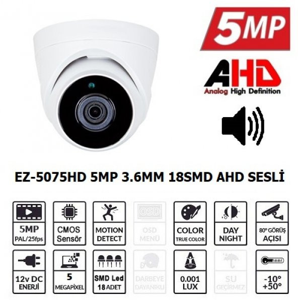 Ezcool EZ-5075HD 5MP 3.6MM LENS AHD DOME KAMERA ürün görseli 1