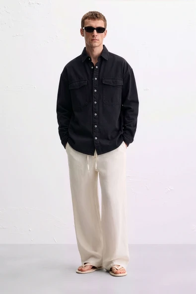 Erkek Oversize Jean Gömlek Siyah - Resim 2