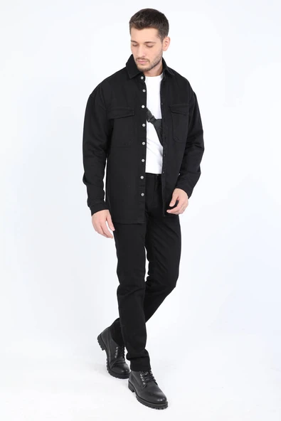 Erkek Oversize Jean Gömlek Siyah - Resim 4
