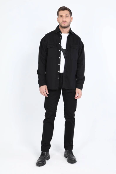 Erkek Oversize Jean Gömlek Siyah - Resim 6