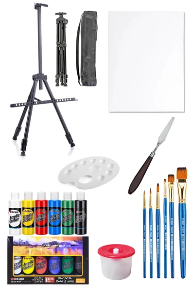 Rich Mastermix Akrilik Boya Seti 6 Ana Renk 6 Pastel Renk 35x50 Tuval Metal Şövale Seti Metal Spatül ürün görseli 1