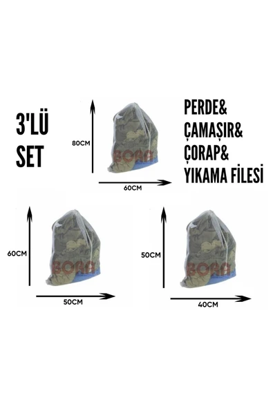 Perde Yıkama Filesi Çamaşır Yıkama Filesi  Çorap Yıkama Filesi 3lü  Set ürün görseli 1
