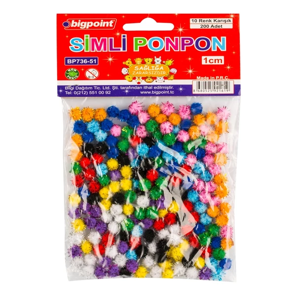 Bigpoint Ponpon Simli 1 cm 10 Renk / 200'lü Poşet ürün görseli 1
