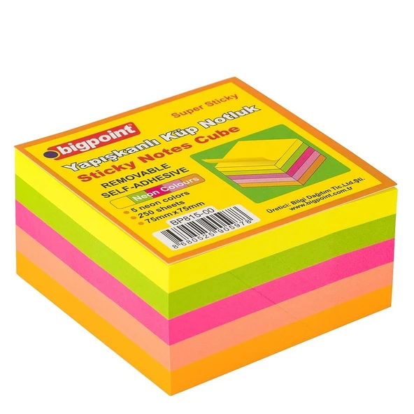 Bigpoint Yapışkanlı Not Kağıdı Super Sticky Küp 5 Neon Renk 250 Yaprak x 6 Adet ürün görseli 1