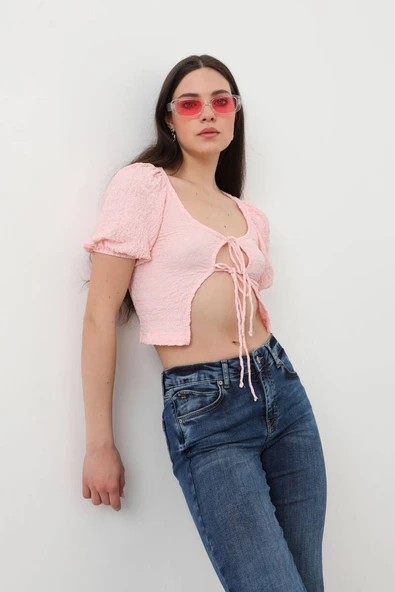 İp Bağlama Detaylı Balon Kol Bluz Pembe - Resim 2