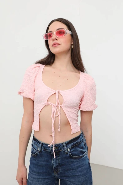 İp Bağlama Detaylı Balon Kol Bluz Pembe - Resim 5