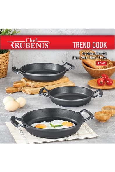 Chef Trend Cook 3 Lü Döküm Sahan Seti 18 Cm - 20 Cm - 22 Cm Siyah Rc-40 ürün görseli 1