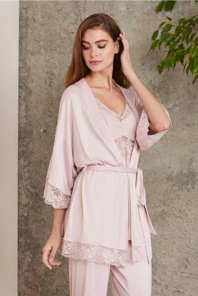 Pierre Cardin Dantelli Sabahlıklı Penye Pijama Takımı Pudra ürün görseli 1