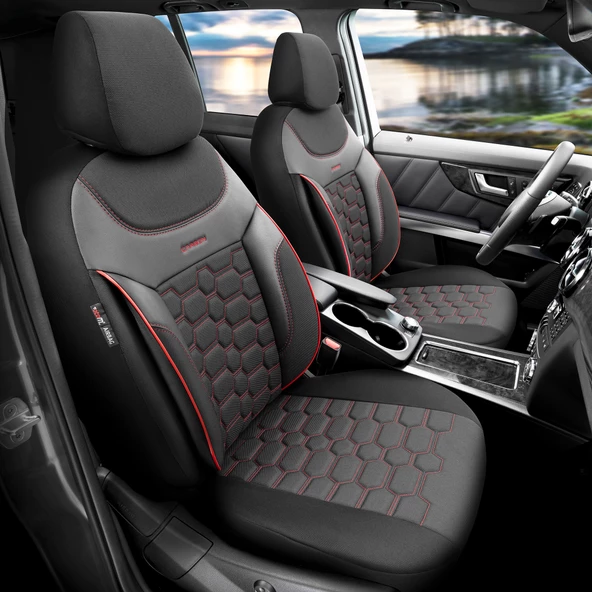 Otom Yeni Carbon Design 3D Dokulu Kumaş Oto Koltuk Kılıfı Tam Set  Siyah-Kırmızı ürün görseli 1