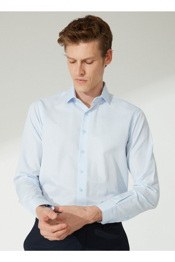 Slim Fit Klasik Yaka Armürlü Mavi - Buz Erkek Gömlek Gm2024700397 ürün görseli 1