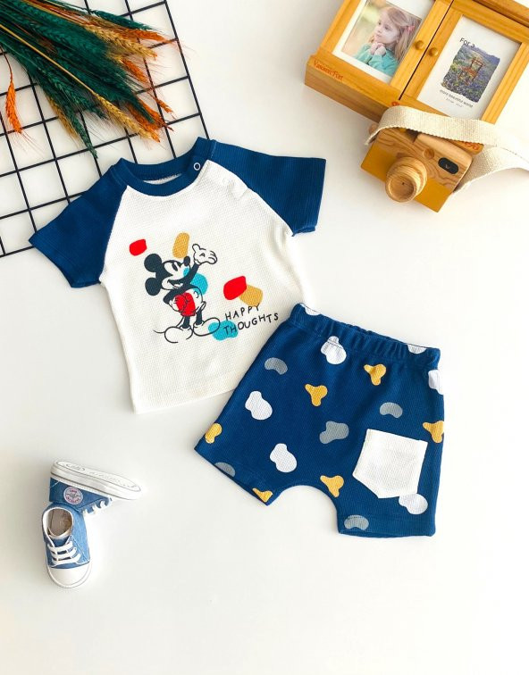Neşeli Bebekler Mickey Baskılı Petek Kumaş Kısa Kolu Şort Takım Lacivert ürün görseli 1