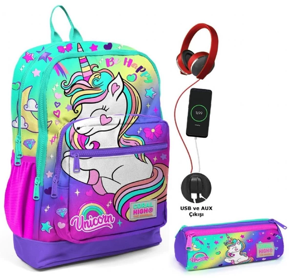 Coral High Su Yeşili Lavanta Unicorn USB Soketli Okul Çantası ve Kalemlik Seti - Kız Çocuk ürün görseli 1