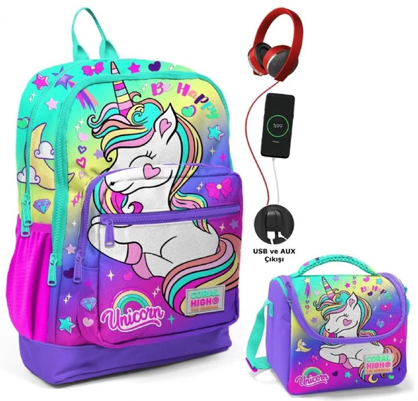 Coral High Su Yeşili Lavanta Unicorn Okul ve Beslenme Çantası Seti - Usb Soketli - Kız Çocuk ürün görseli 1