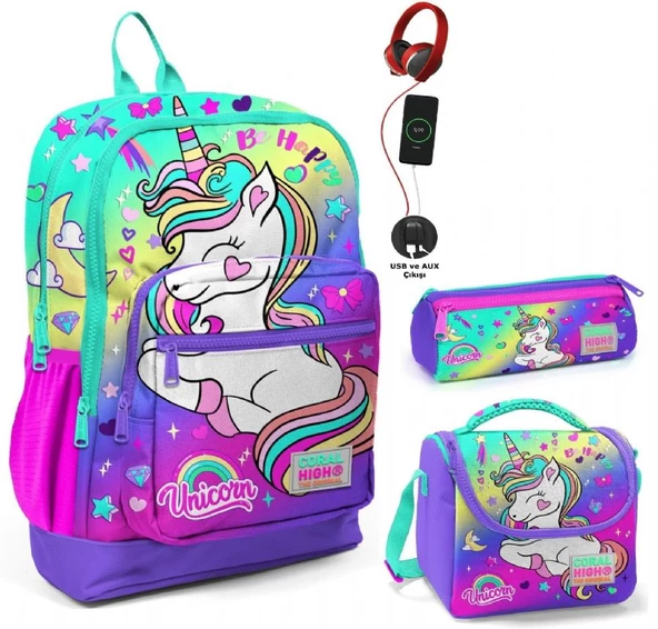 Coral High Su Yeşili Lavanta Unicorn USB Soketli Üçlü İlkokul Çanta Seti - Kız Çocuk ürün görseli 1