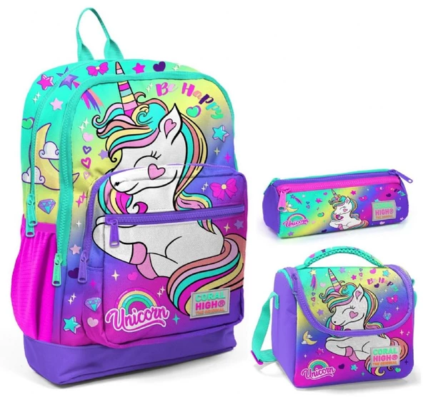 Coral High Su Yeşili Lavanta Unicorn Üçlü İlkokul Okul Çanta Seti ürün görseli 1
