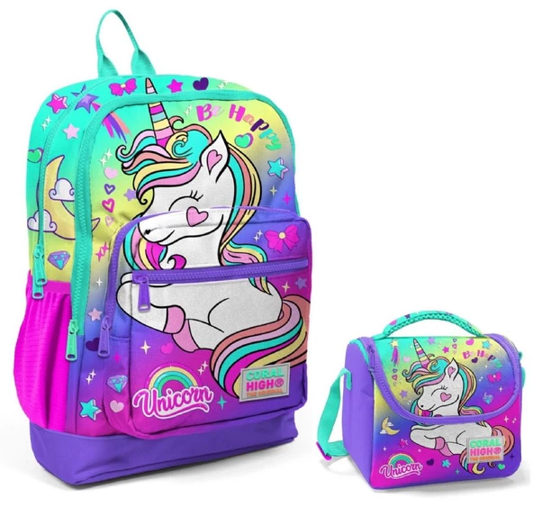 Coral High Su Yeşili Lavanta Unicorn Okul Sırt ve Beslenme Çantası Seti ürün görseli 1