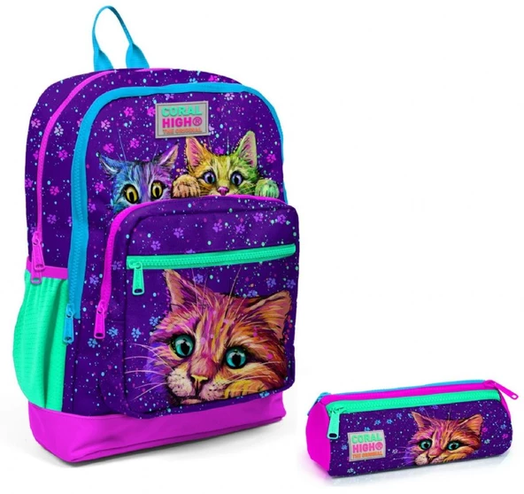 Coral High Mor Kedi İlkokul Sırt Çantası ve Kalemlik Seti ürün görseli 1